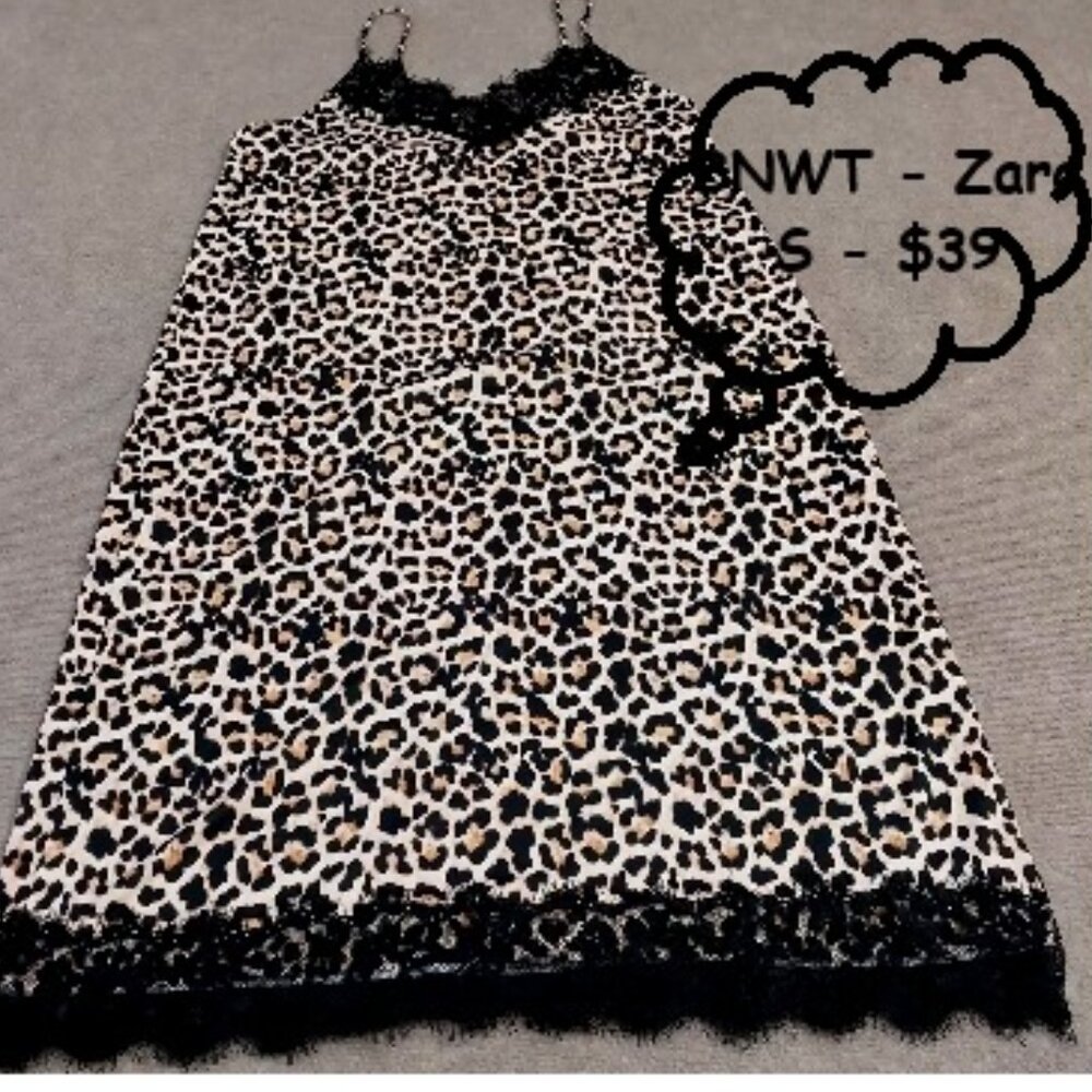 BNWT ZARA Basic Brown Black Animal Print Spaghetti Strap Nightie (S)